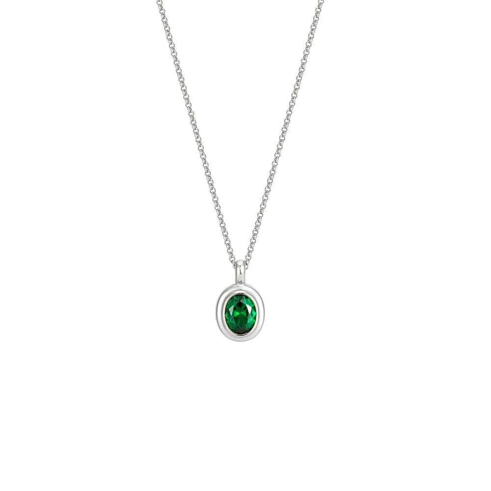 Sterling Silver Emerald CZ Oval Stone Necklace (Mens)