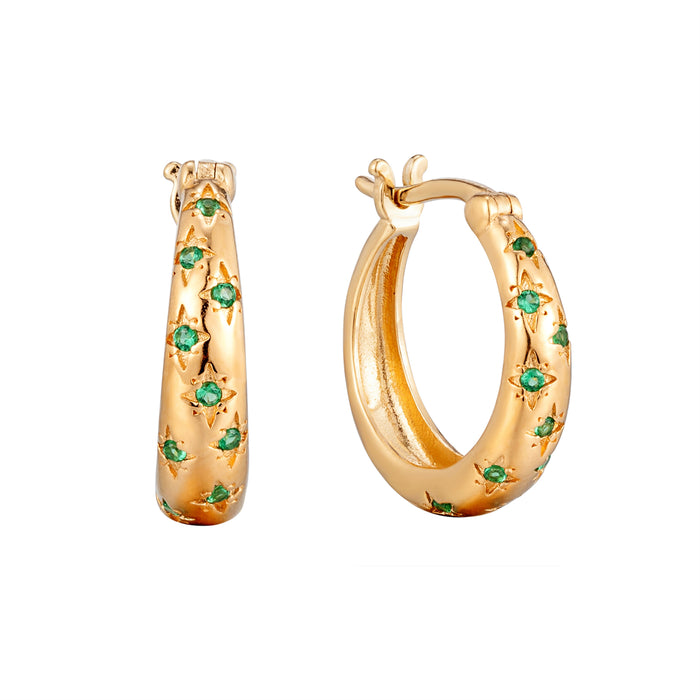 Gold hoop earrings with green gemstones on a white background - seolgold