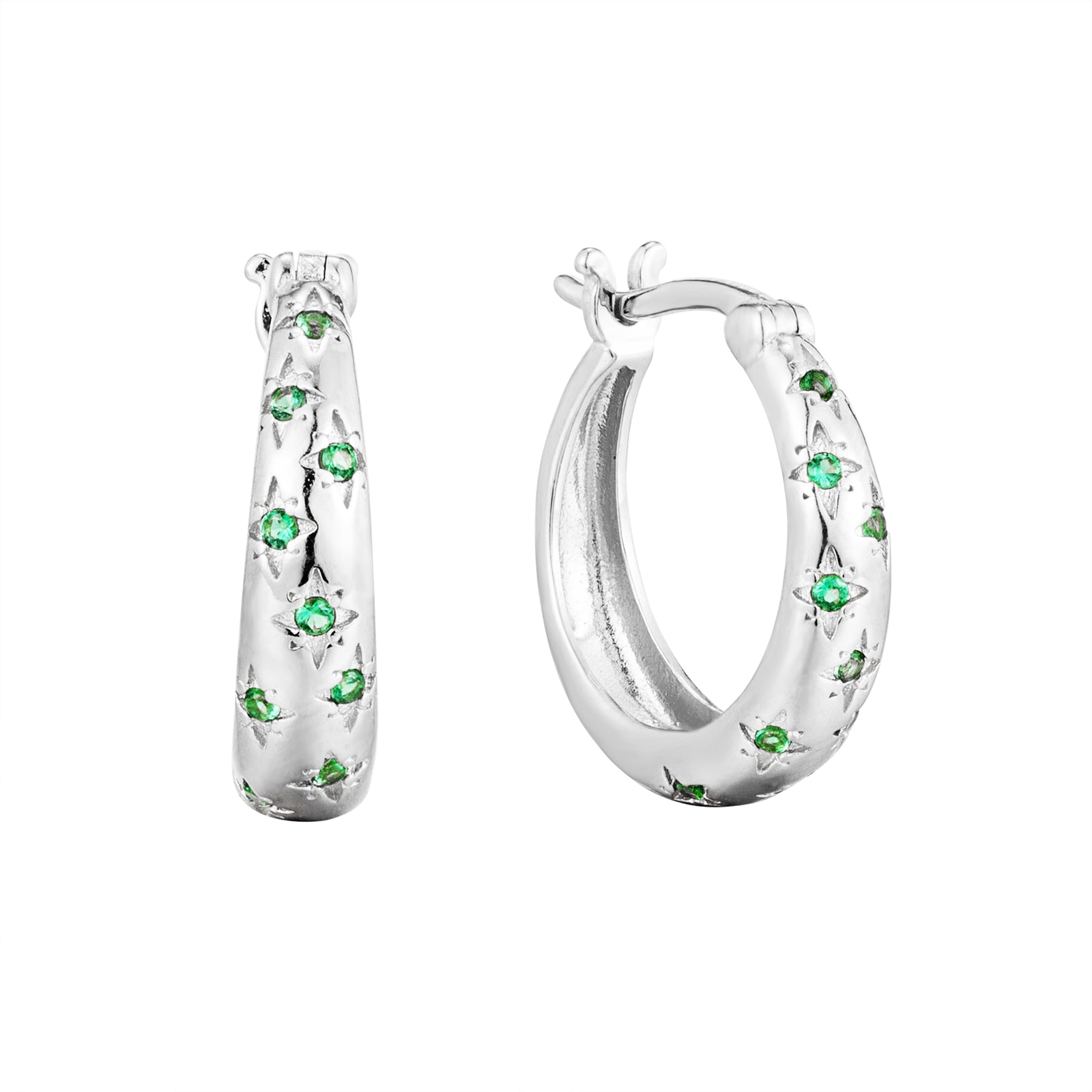 Silver hoop earrings with green gemstones on a white background - seolgold