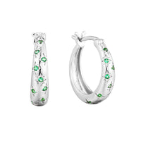 Silver hoop earrings with green gemstones on a white background - seolgold