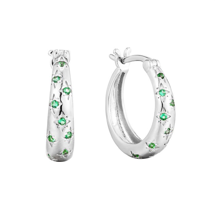 Silver hoop earrings with green gemstones on a white background - seolgold