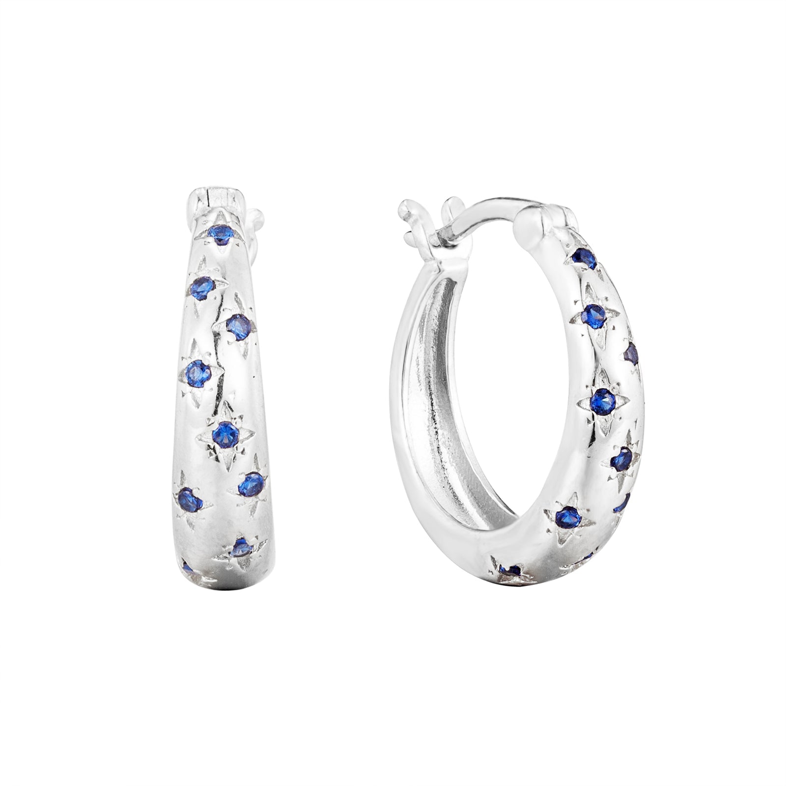Silver hoop earrings with blue gemstones on a white background - seolgold