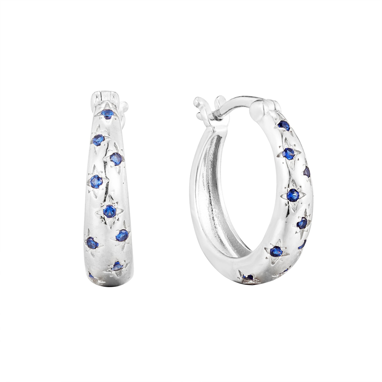 Silver hoop earrings with blue gemstones on a white background - seolgold