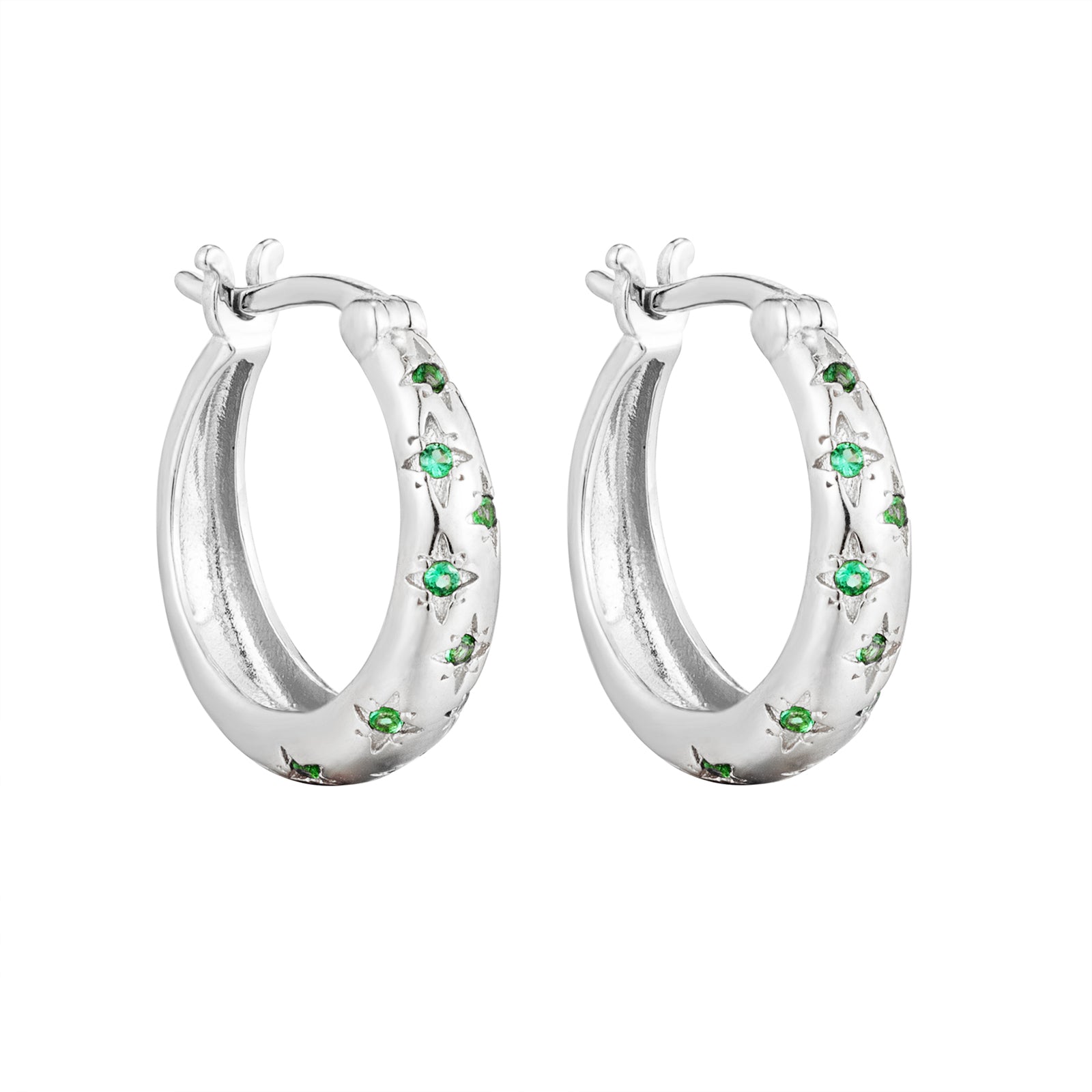 Silver hoop earrings with green gemstones on a white background - seolgold