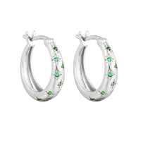 Silver hoop earrings with green gemstones on a white background - seolgold