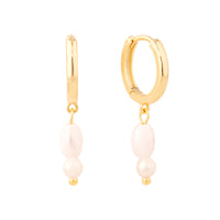 Gold hoop earrings with pearl drops on a white background - seolgold