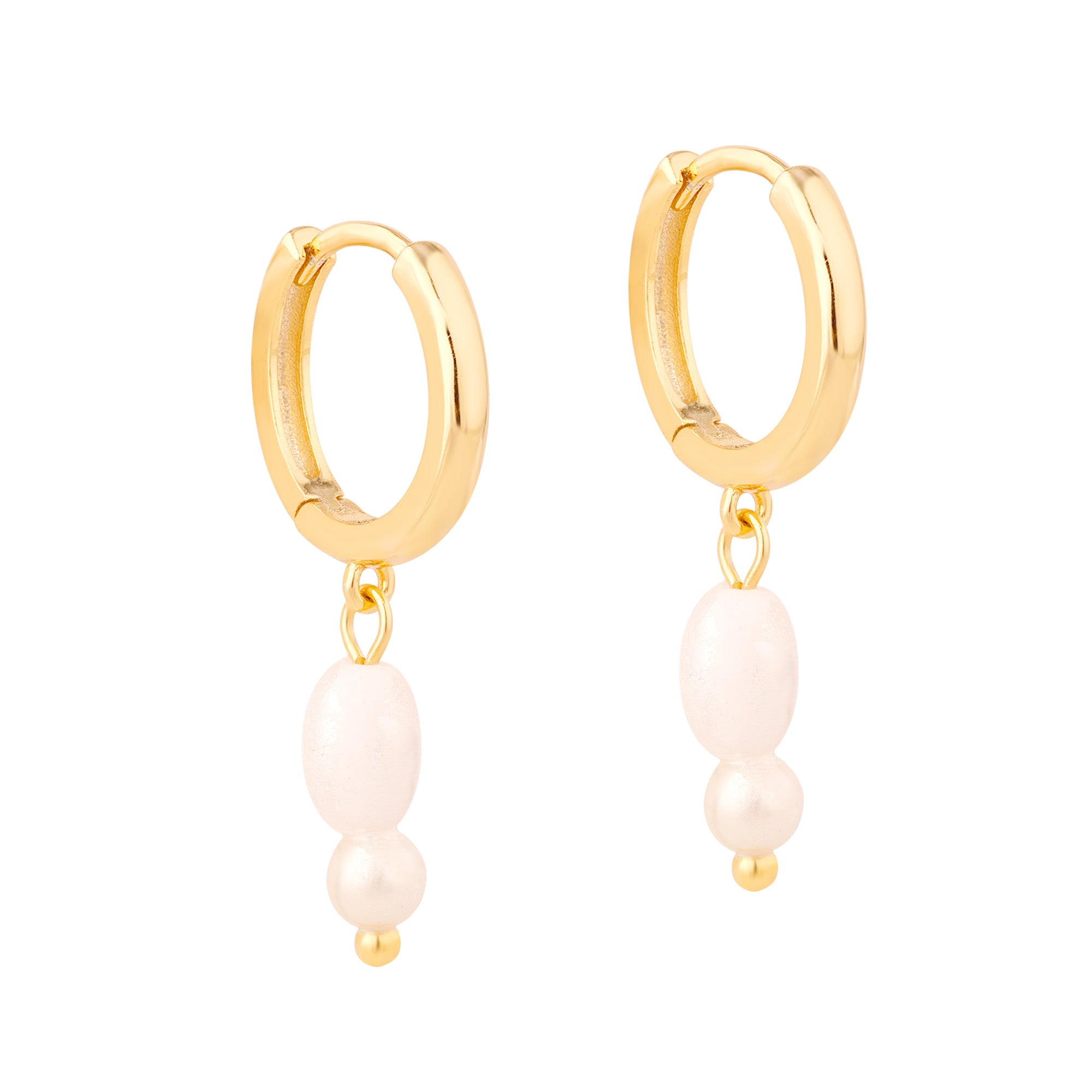 Gold hoop earrings with pearl drops on a white background - seolgold