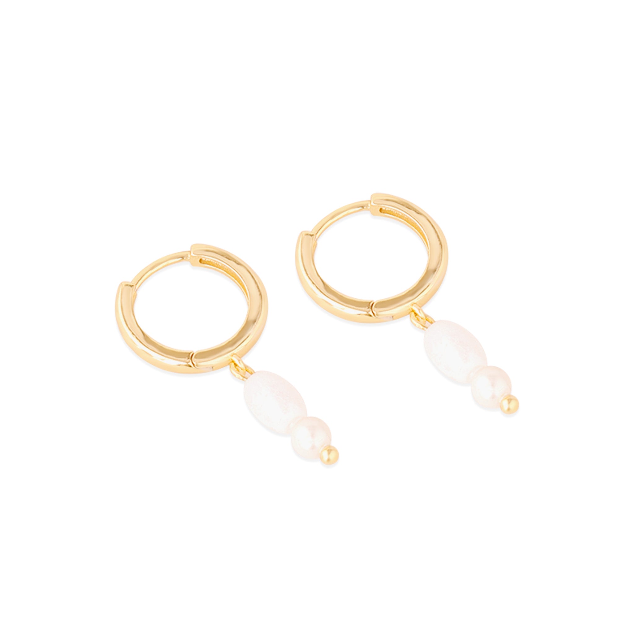 Gold hoop earrings with white beads on a white background - seolgold