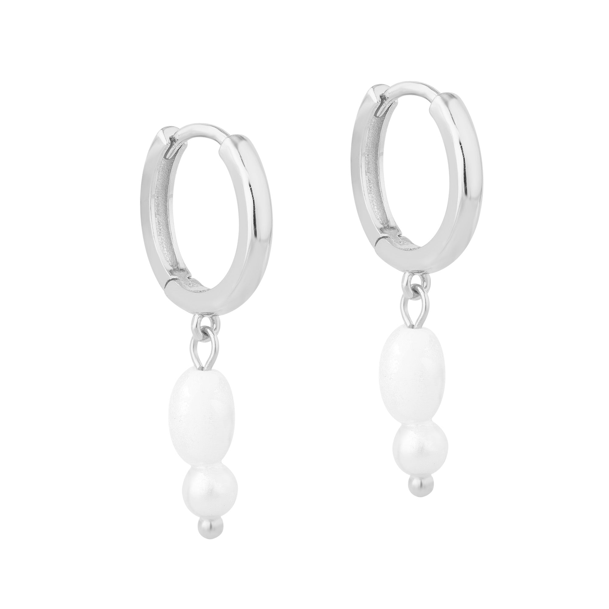 Silver hoop earrings with white pearl drops on a white background - seolgold