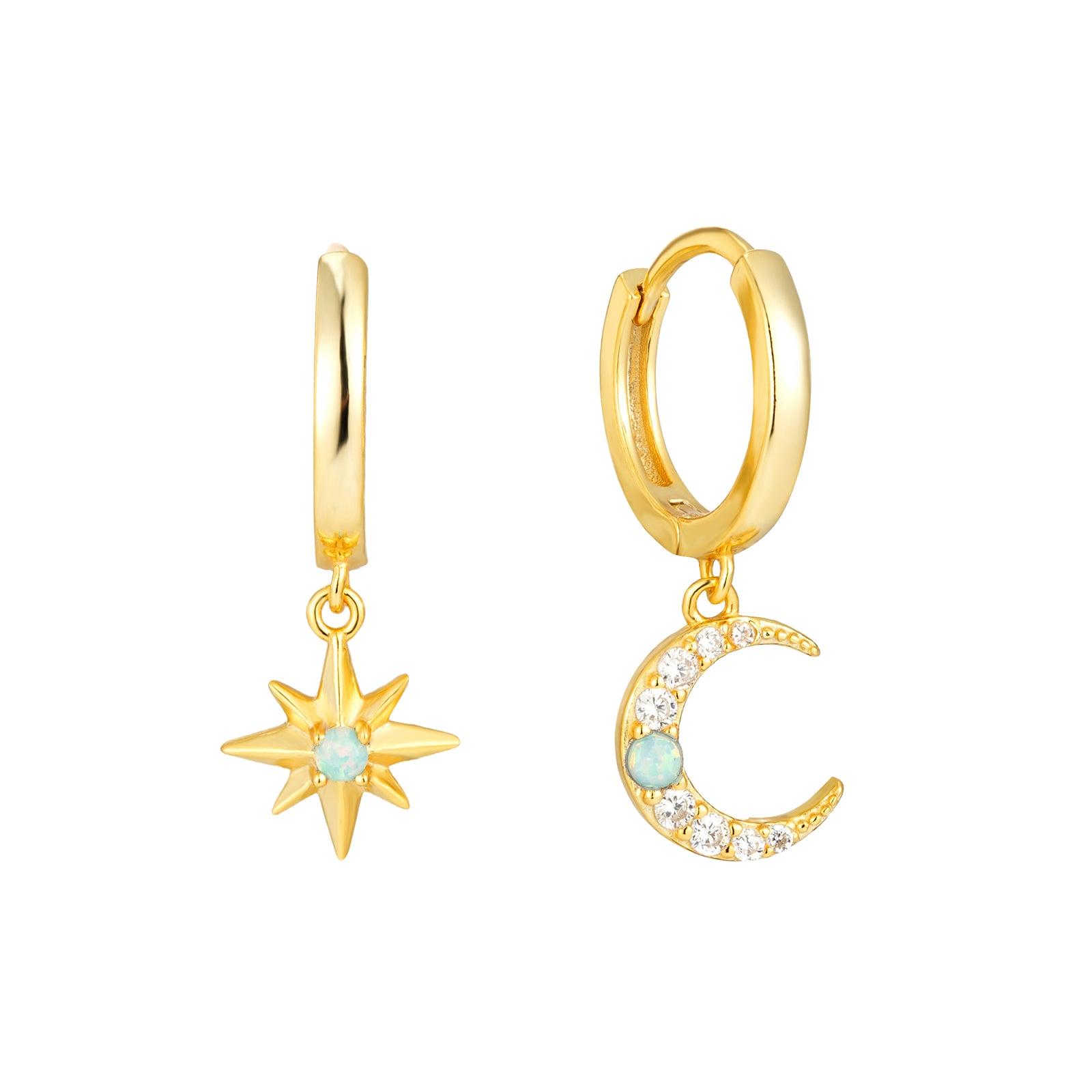 18ct Gold Vermeil Opal Northstar & Moon CZ Hoops