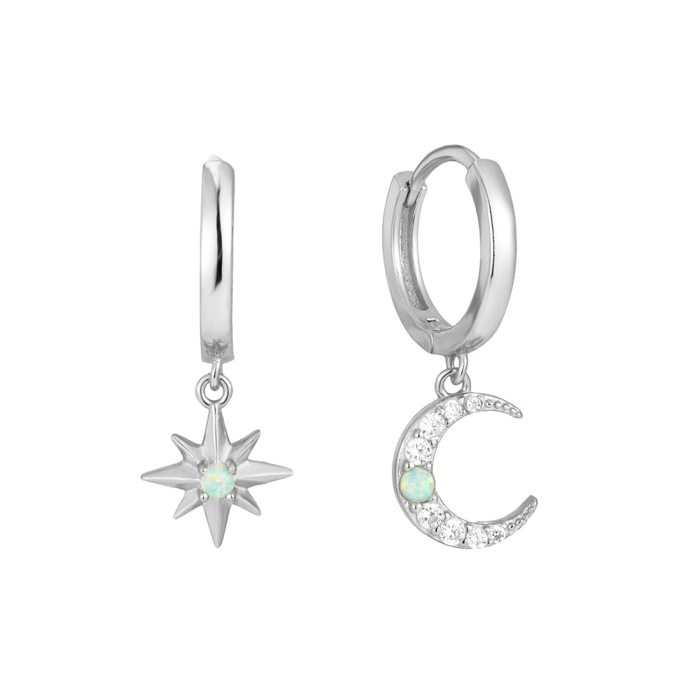 Sterling Silver Opal Northstar & Moon CZ Hoops