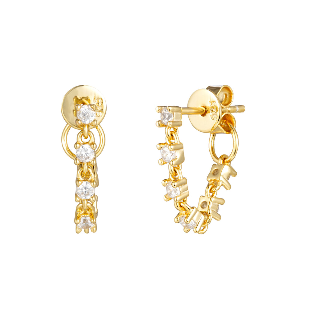 18ct Gold Vermeil Drop Chain CZ Stud Earrings
