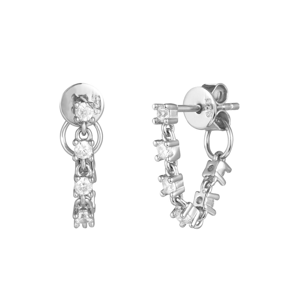Sterling Silver Drop Chain CZ Stud Earrings