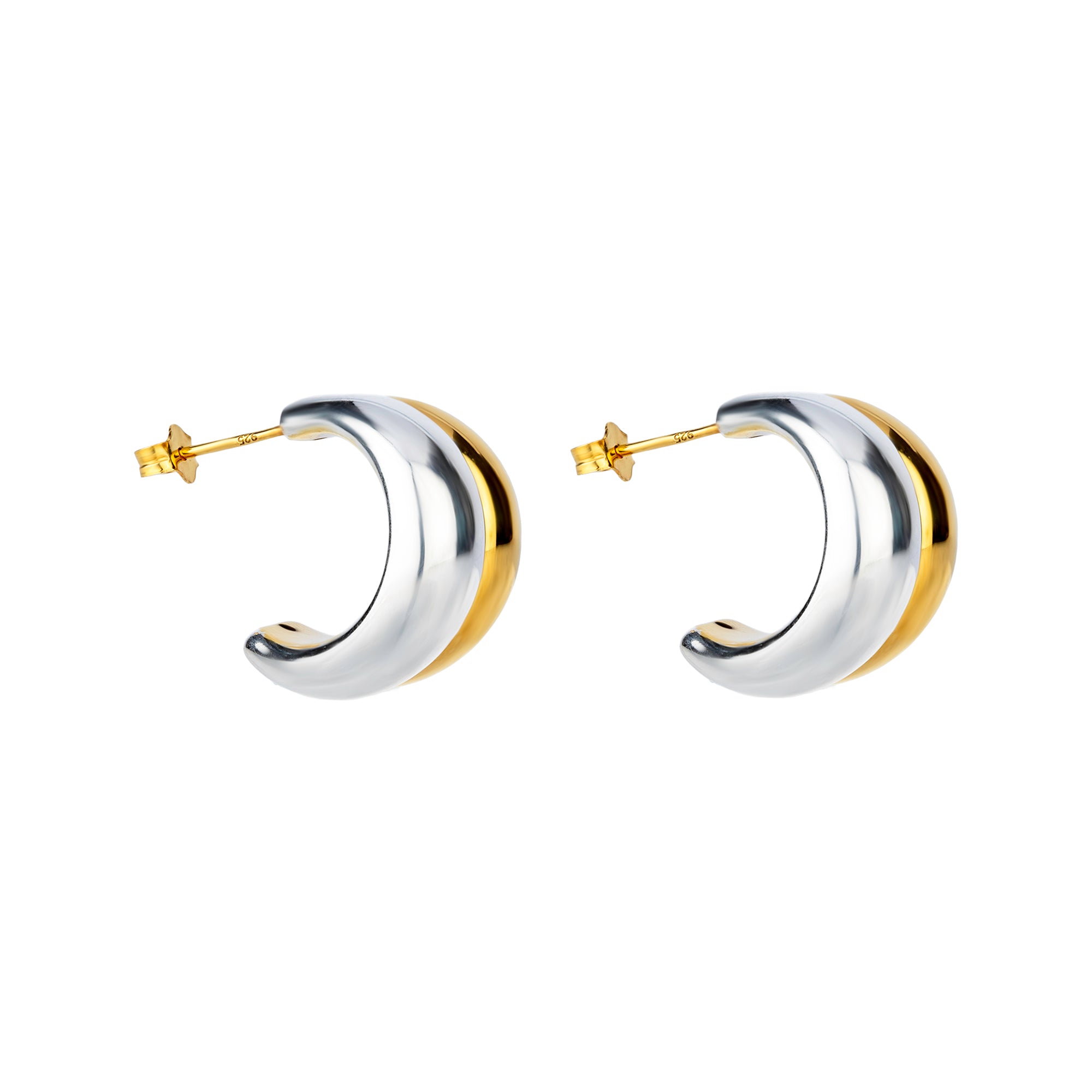 Pair of silver and gold hoop earrings on a white background - seolgold