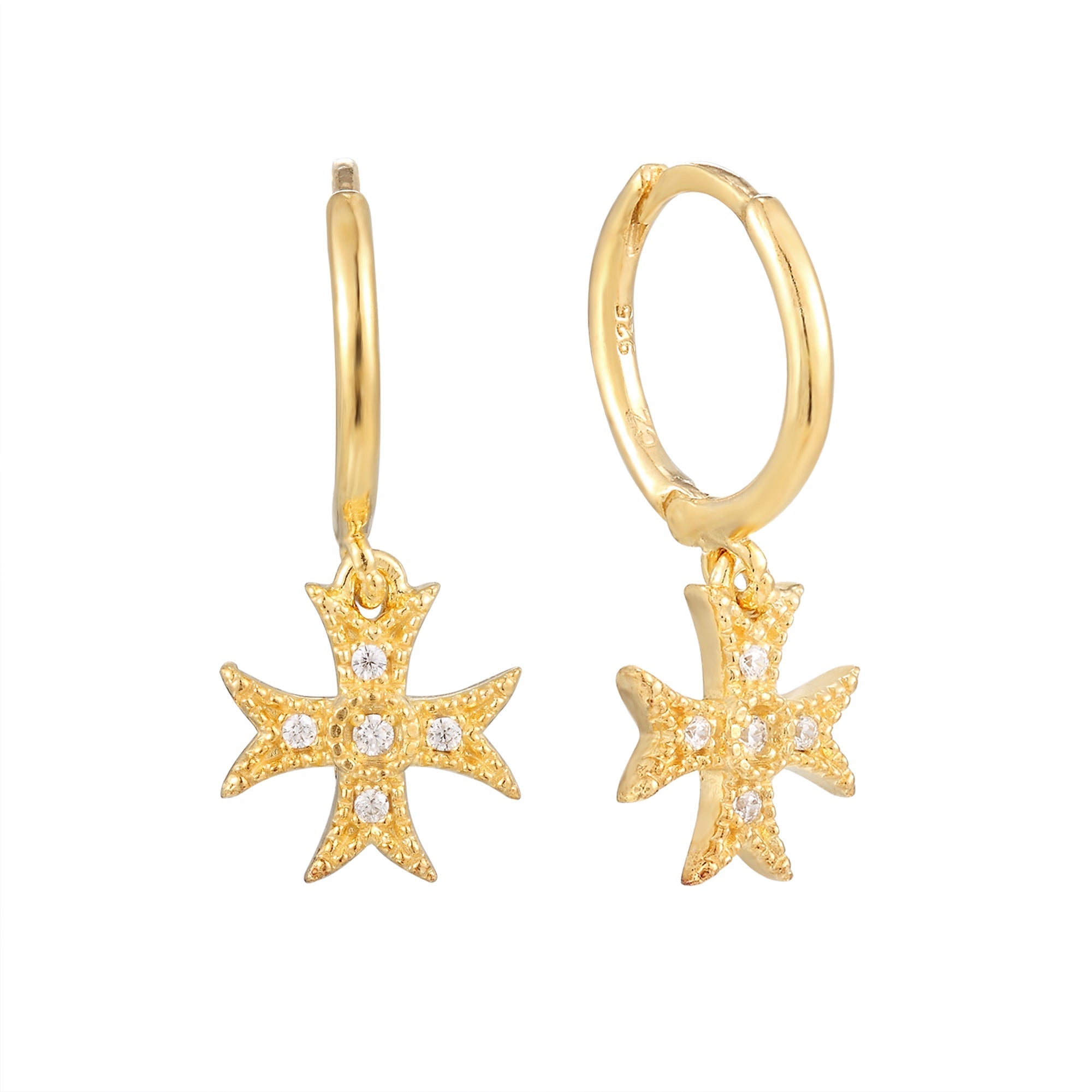 Cz Cross Charm Hoop Earrings - seol-gold