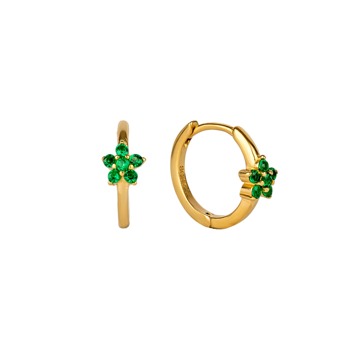 Gold hoop earrings with green gemstones on a white background - seolgold