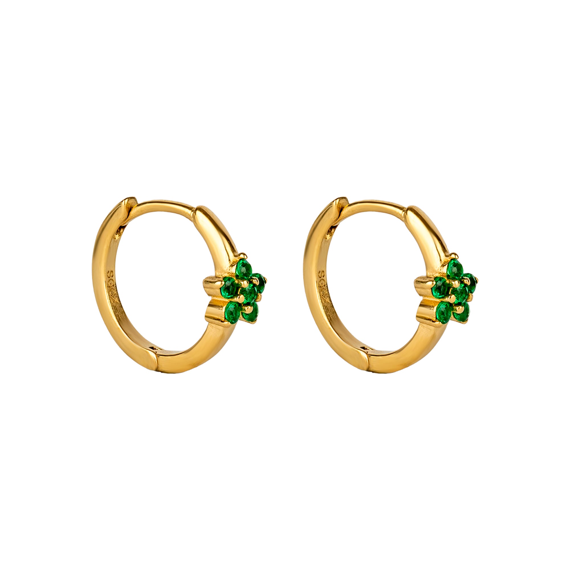 Gold hoop earrings with green gemstones on a white background - seolgold