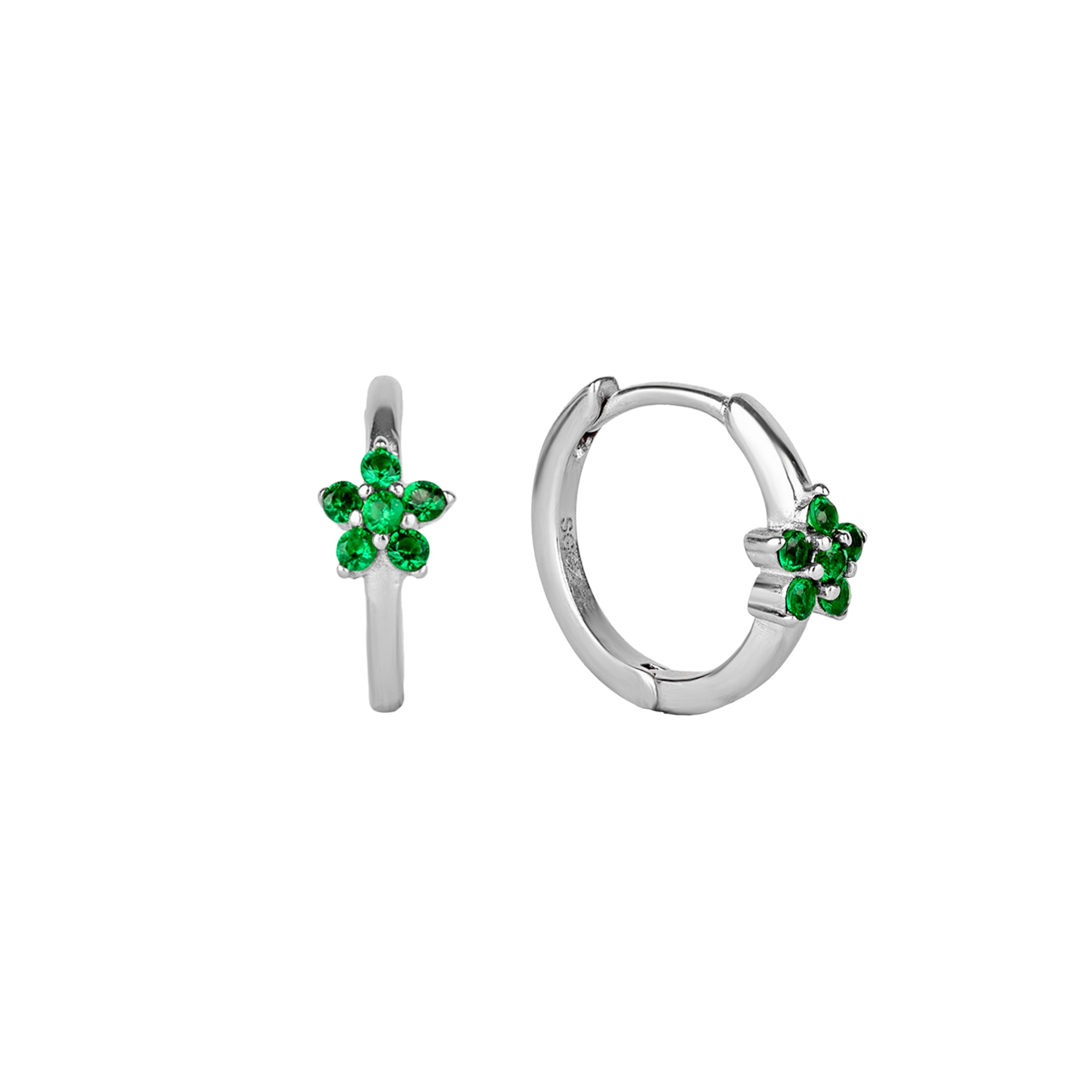 Silver hoop flower earrings with green gemstones on a white background