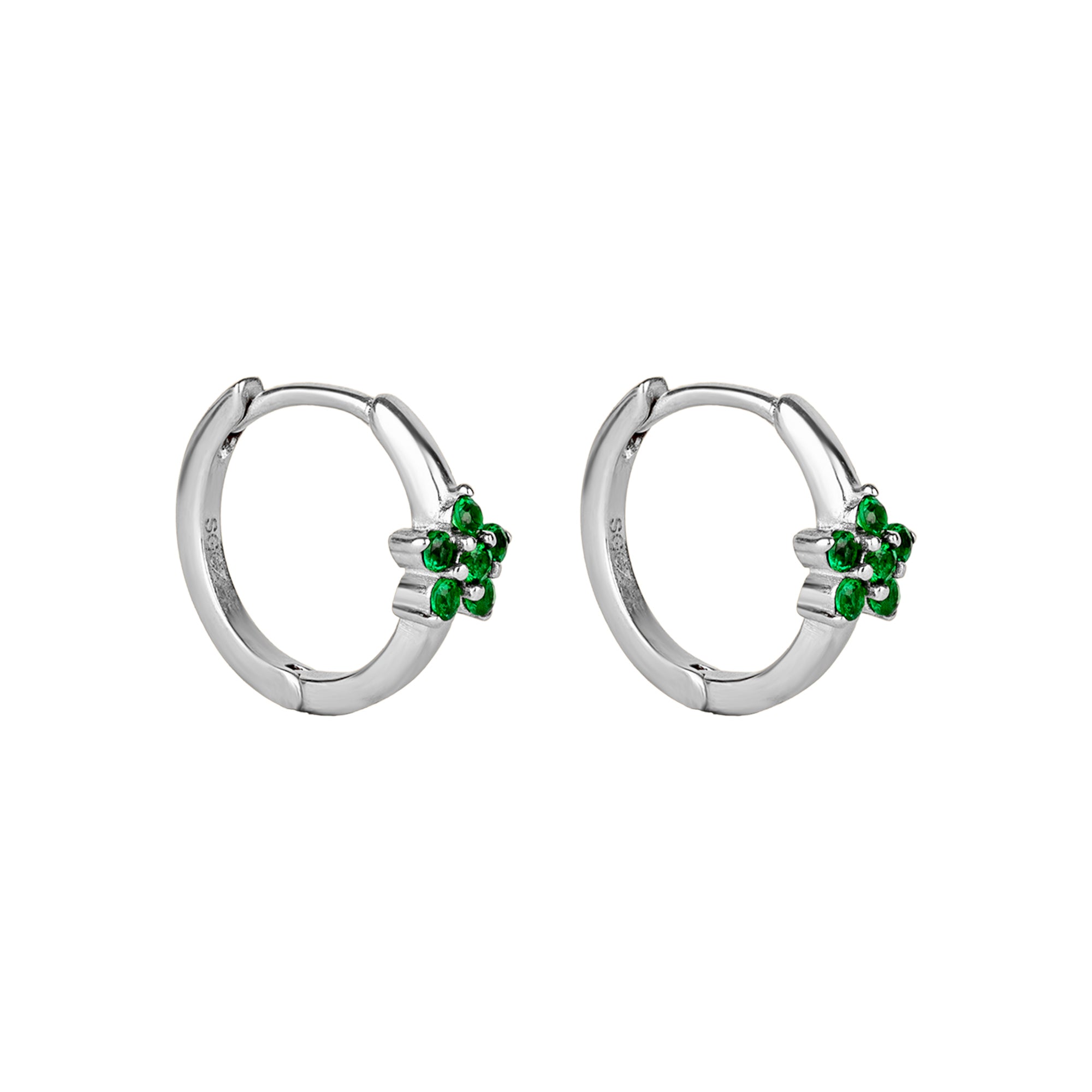 Silver hoop earrings with green gemstones on a white background - seolgold