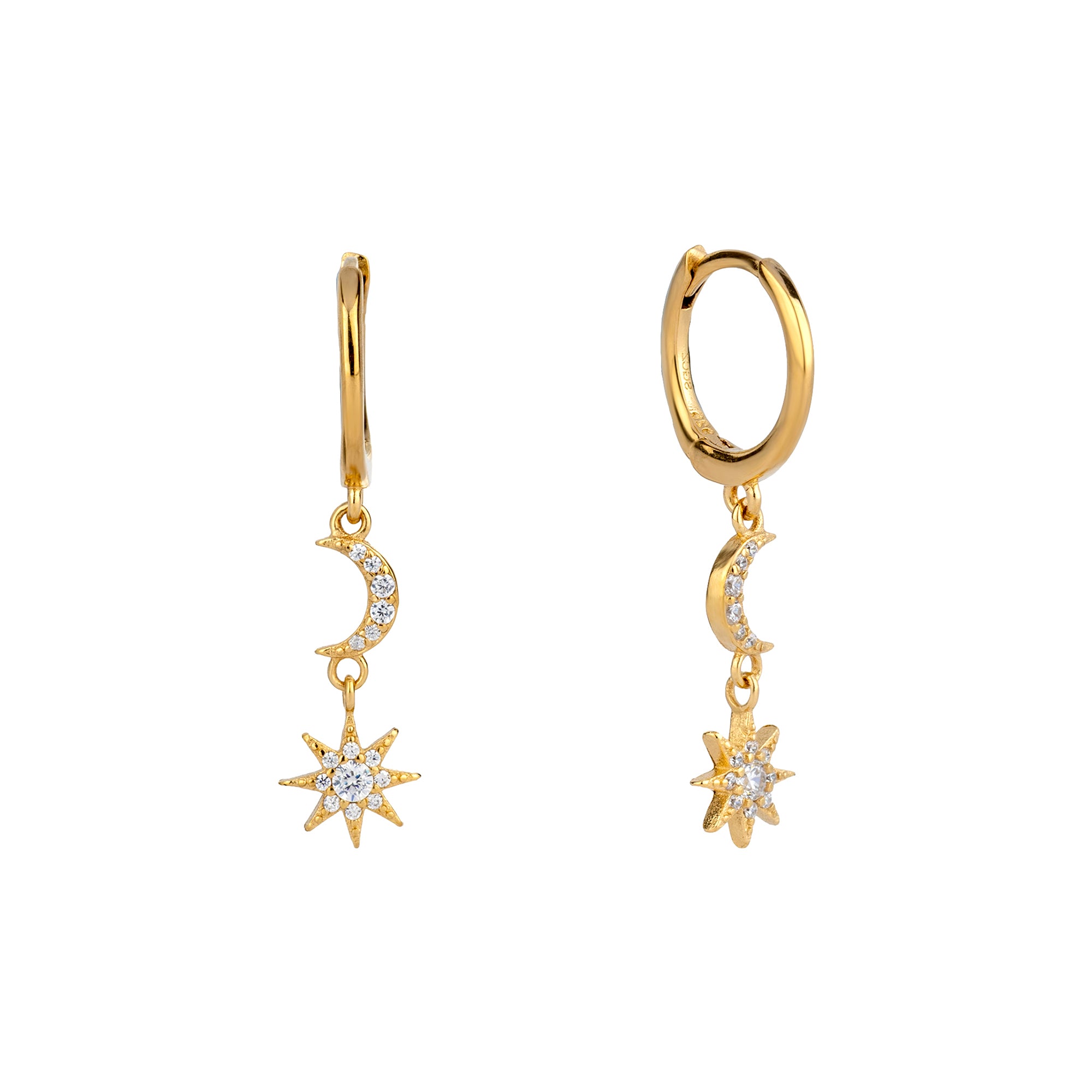18ct Gold Plated Moon & North Star CZ Hoops - Seol Gold