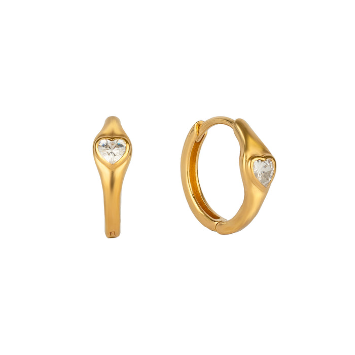 Gold hoop earrings with heart-shaped gemstones on a white background - seolgold