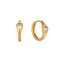 Gold hoop earrings with heart-shaped gemstones on a white background - seolgold