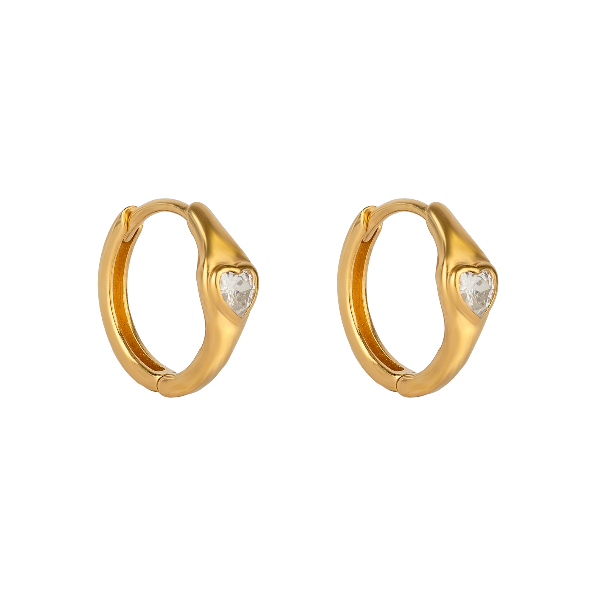 Gold hoop earrings with heart-shaped gemstones on a white background - seolgold