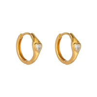 Gold hoop earrings with heart-shaped gemstones on a white background - seolgold