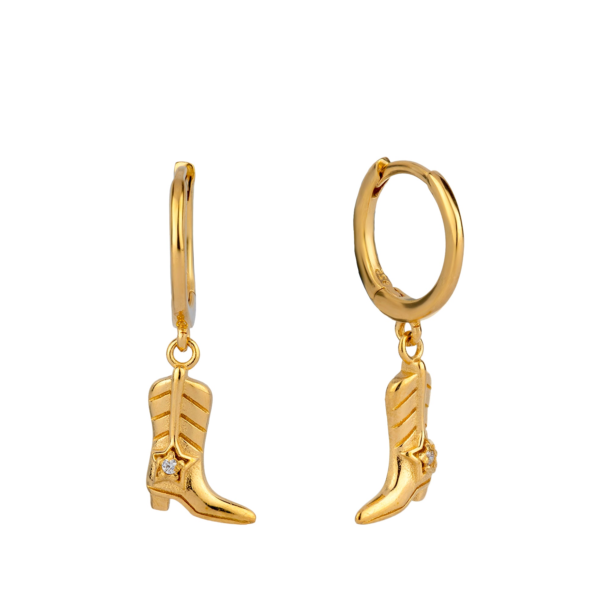 18ct Gold Plated CZ Cowboy Boot Charm Hoops - Seol Gold