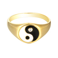 Gold ring with a yin yang symbol and a diamond on a white background - seolgold