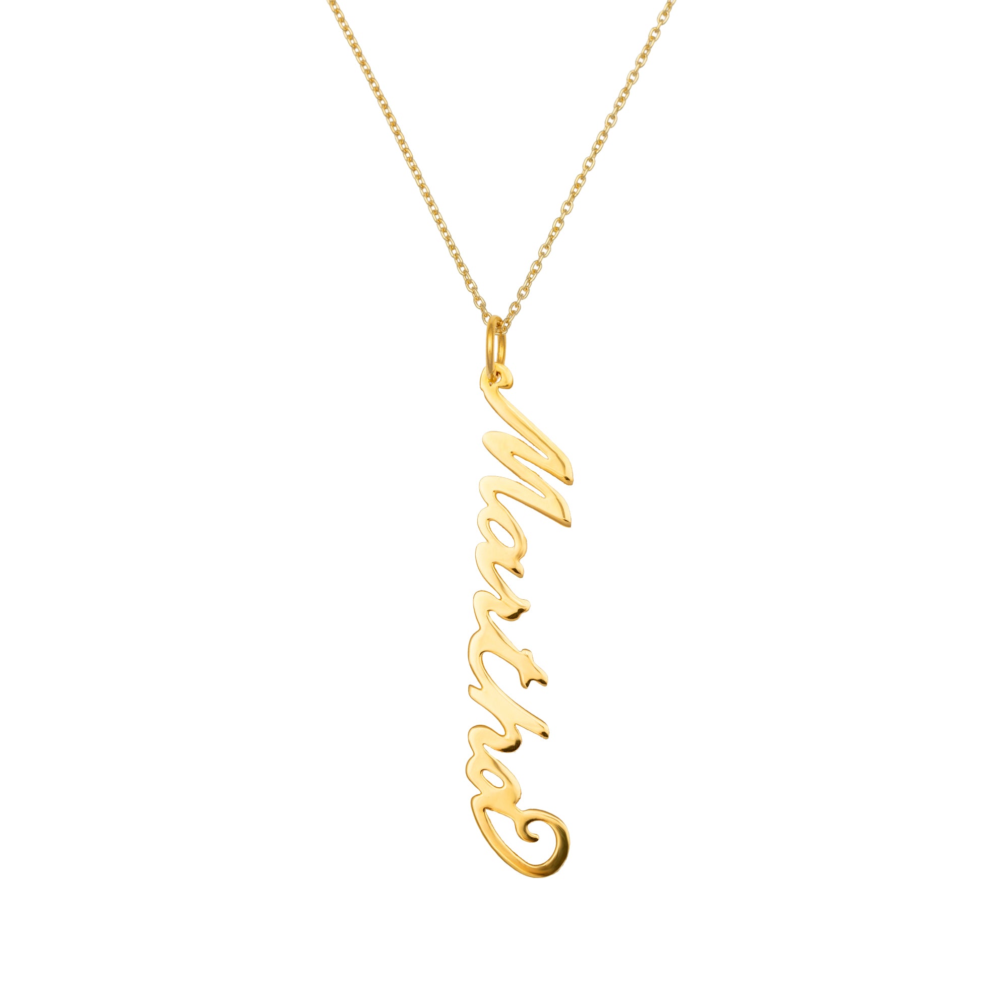 Gold necklace with 'Martha' pendant on a white background - 18ct Gold Vermeil Vertical Script Custom Name Plate - seolgold