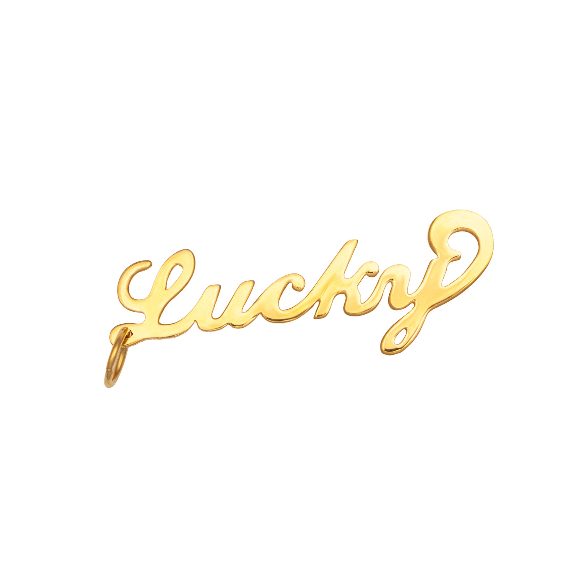 Gold 'lucky' charm on a white background - 18ct Gold Vermeil Vertical Script Custom Name Plate - seolgold