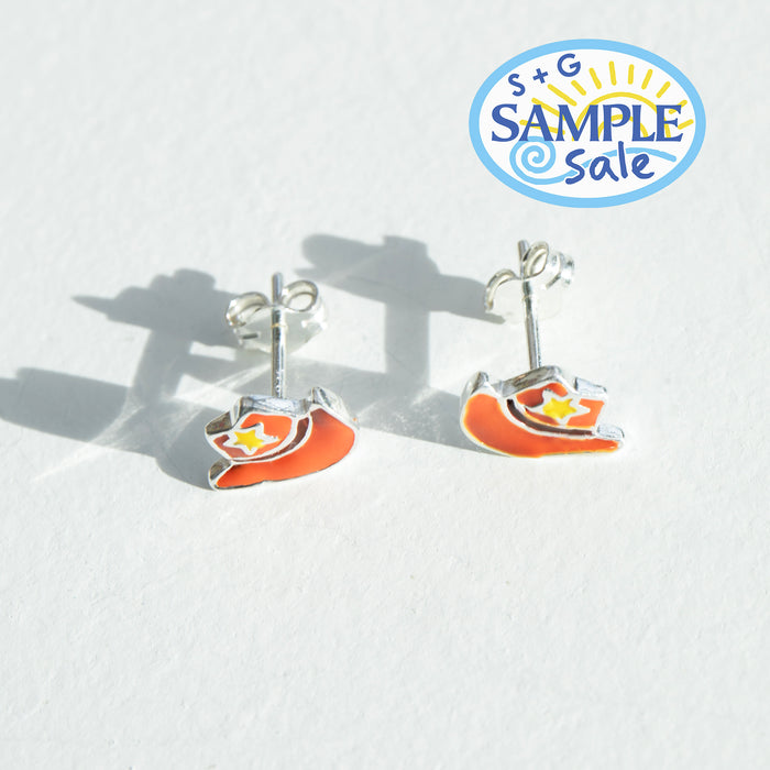 cowboy boot stud earrings background, featuring a 'S+G Sample Sale' logo - seolgold