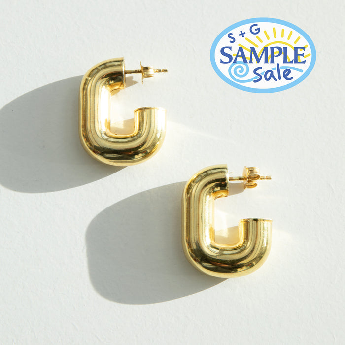Gold hoop earrings on a white background with 'S+G Sample Sale' logo - seolgold