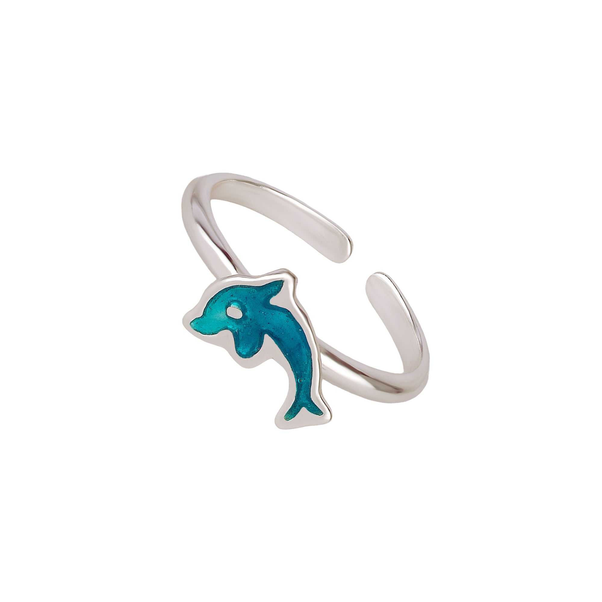 Silver toe ring with a blue dolphin design on a white background - seolgold
