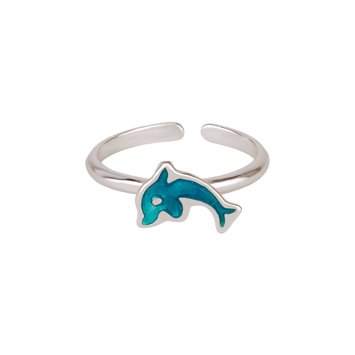 Silver toe ring with a blue dolphin design on a white background - seolgold