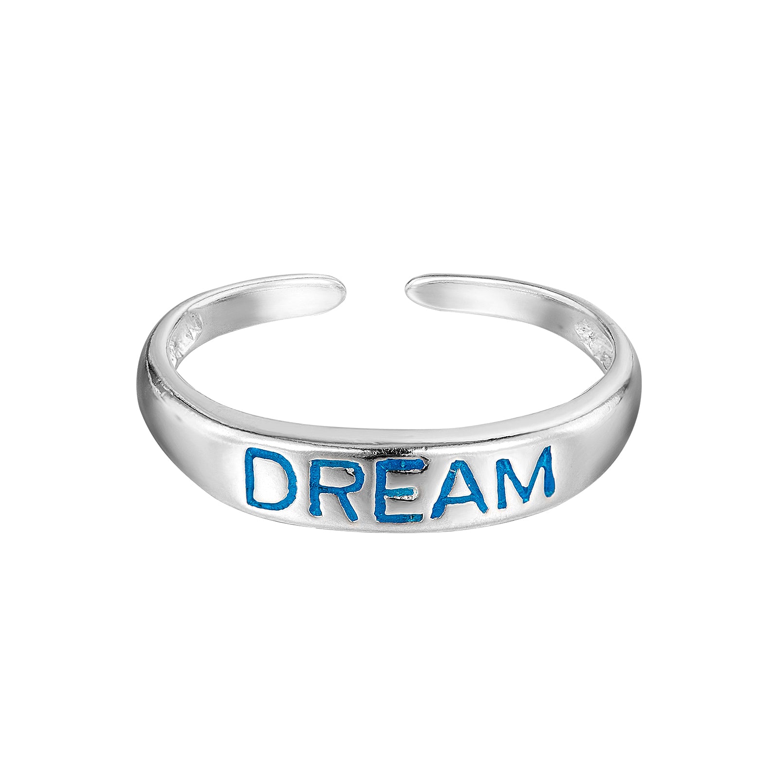 Silver toe ring with 'DREAM' engraved on a white background - seolgold