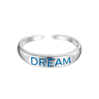 Silver toe ring with 'DREAM' engraved on a white background - seolgold