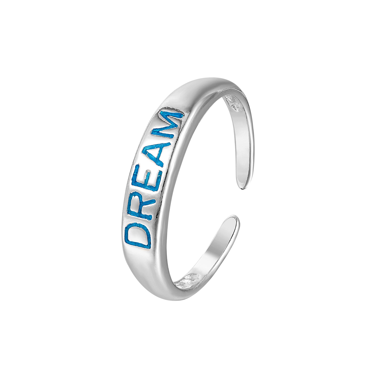 Silver ring with 'DREAM' engraved in blue on a white background - seolgold