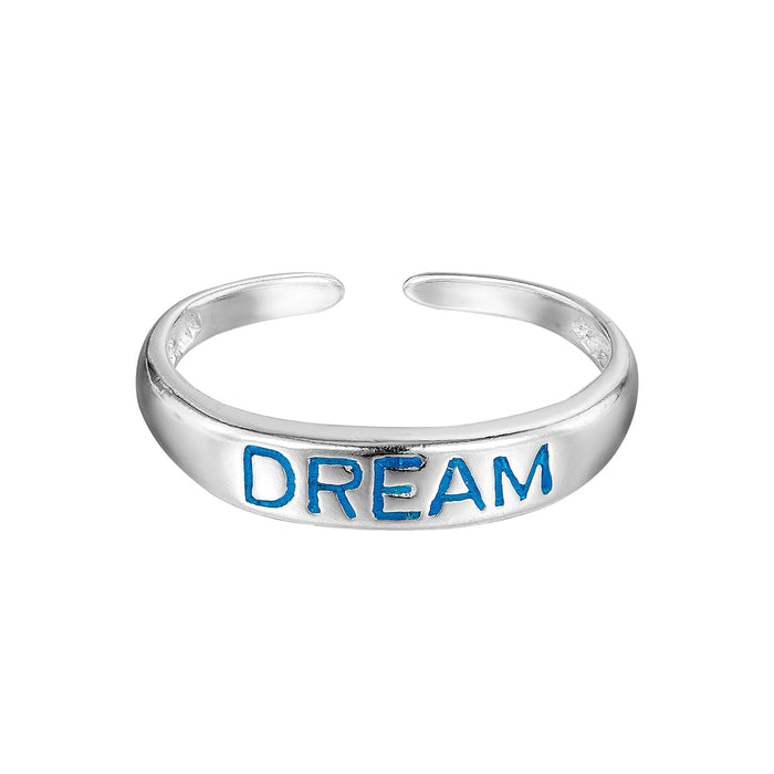 Silver toe ring with 'DREAM' engraved on a white background - seolgold