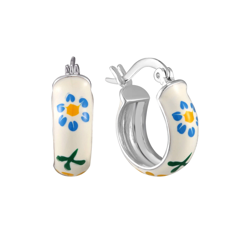 Sterling Silver Yellow and Blue Flower Enamel Tiny Hoops