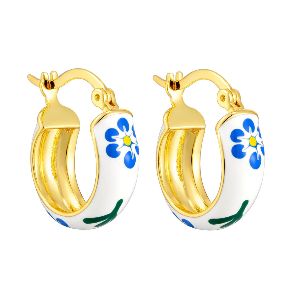 18ct Gold Vermeil White and Blue Flower Enamel Tiny Hoops