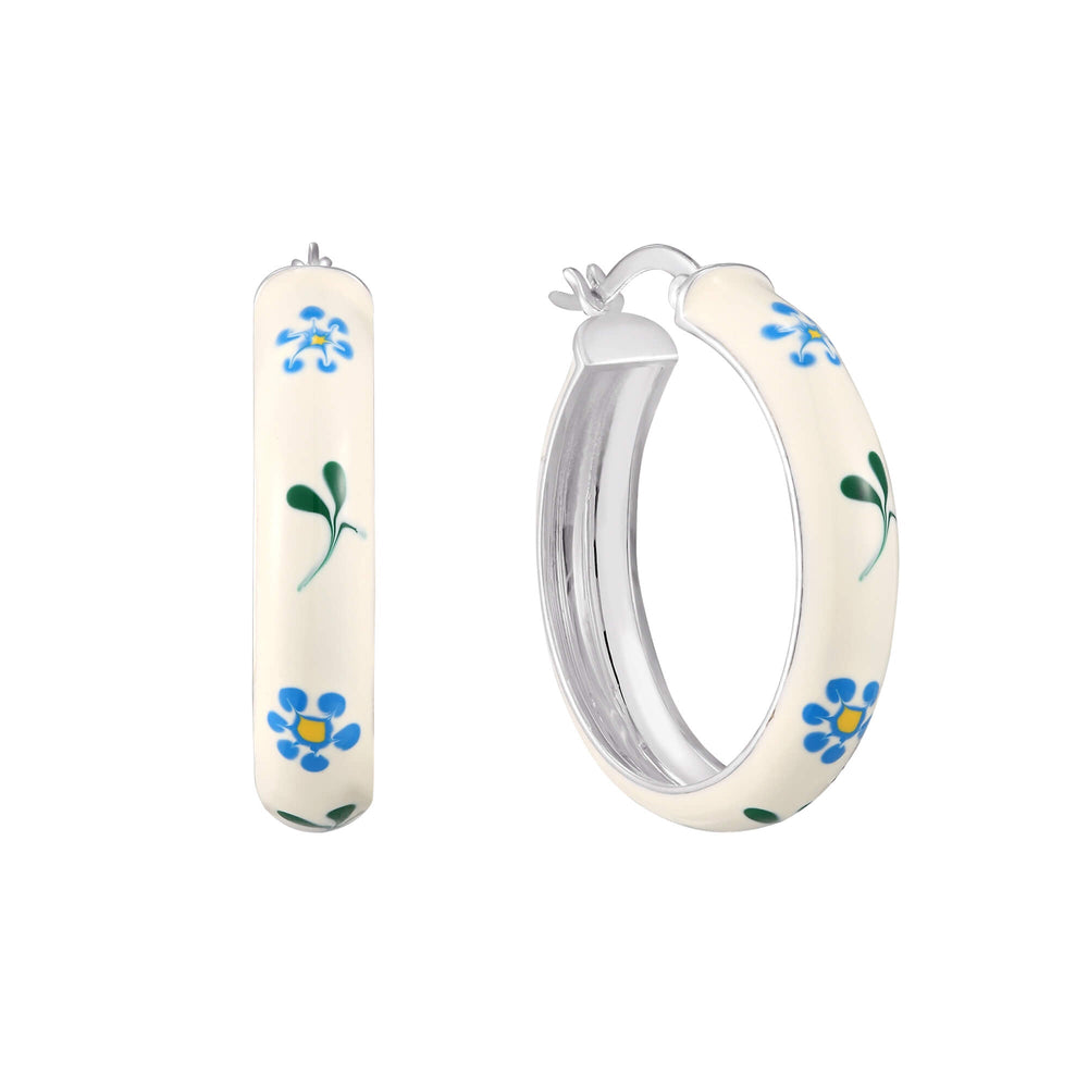 Sterling Silver White and Blue Flower Enamel Large Hoops