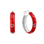 Sterling Silver Red with White Flower Enamel Large Hoops