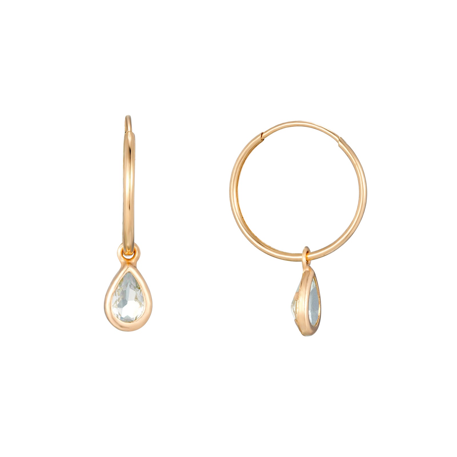 Gold hoop earrings with teardrop-shaped stone on a white background - Seol Gold