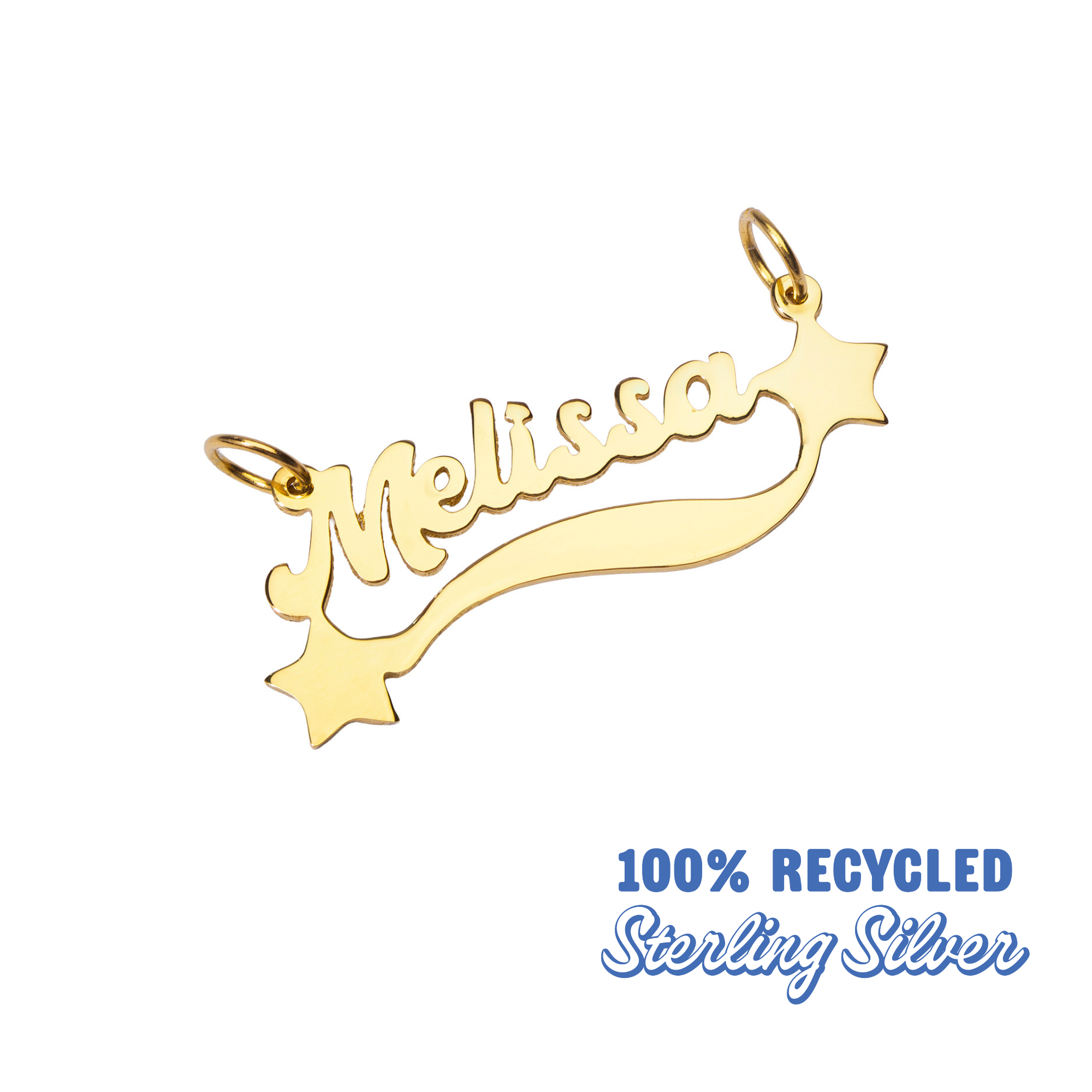 Gold 'Melissa' name pendant with star designs on a white background, labeled as 100% recycled sterling silver.