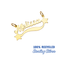 Gold 'Melissa' name pendant with star designs on a white background, labeled as 100% recycled sterling silver.
