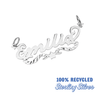Silver name pendant with 'Emilie' on a white background, labeled as 100% recycled sterling silver.