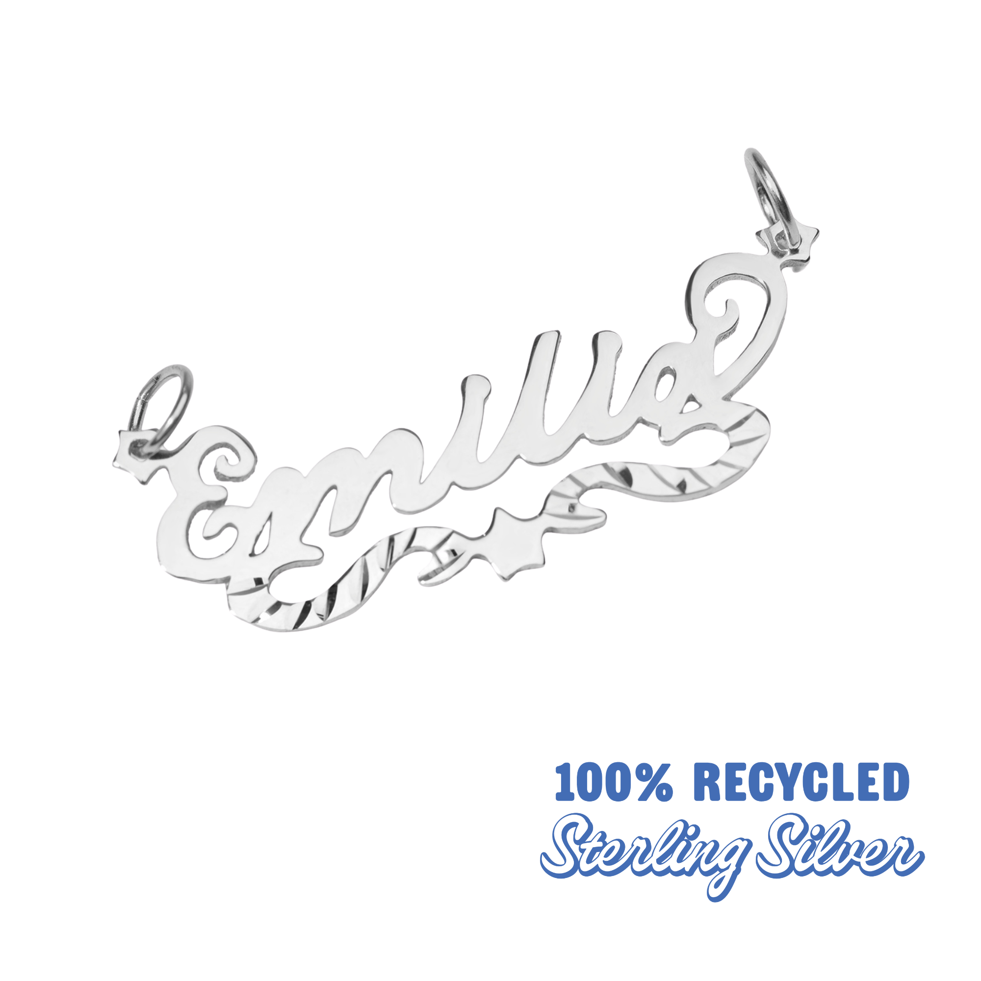 Silver name pendant with 'Emilie' on a white background, labeled as 100% recycled sterling silver.