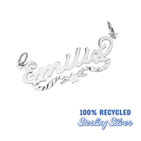Silver name pendant with 'Emilie' on a white background, labeled as 100% recycled sterling silver.